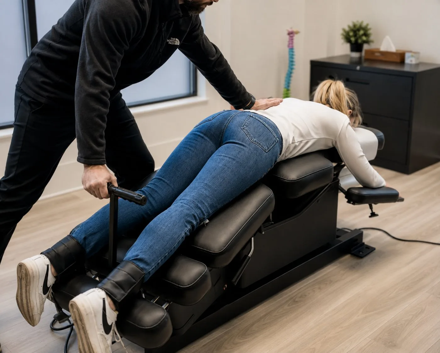 Flexion-distraction table used for gentle low-back treatment